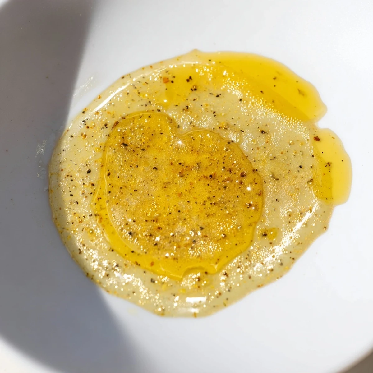 Sweet and tangy honey vinaigrette coating crisp roasted vegetables on a white plate.