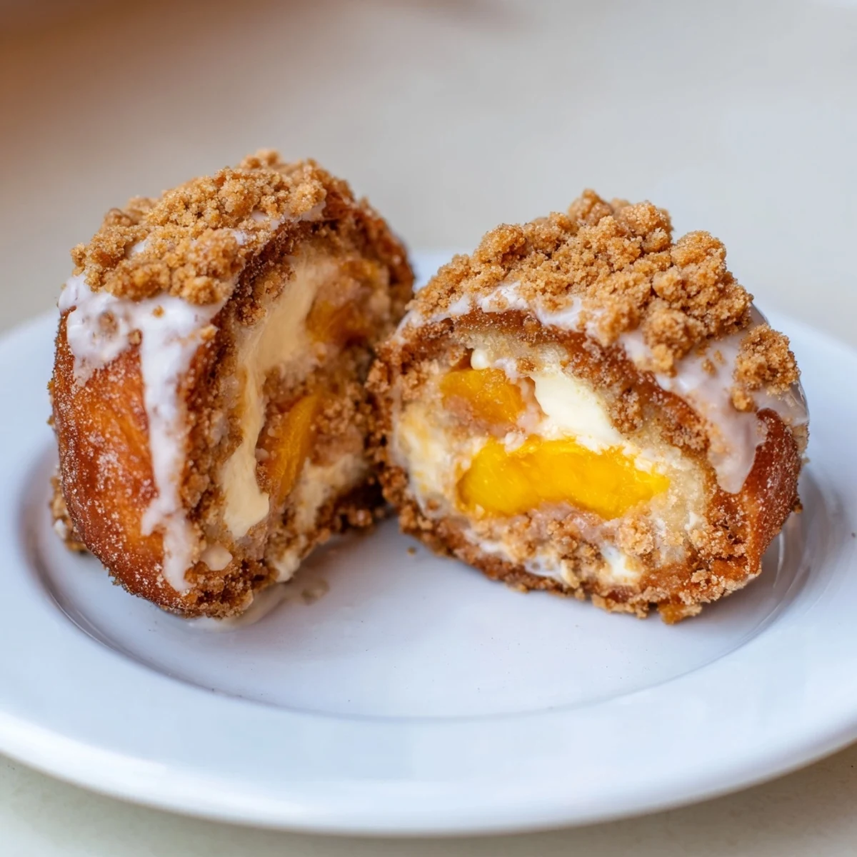 Golden peach cobbler cheesecake donuts topped with crunchy cinnamon crumbs on a white plate.