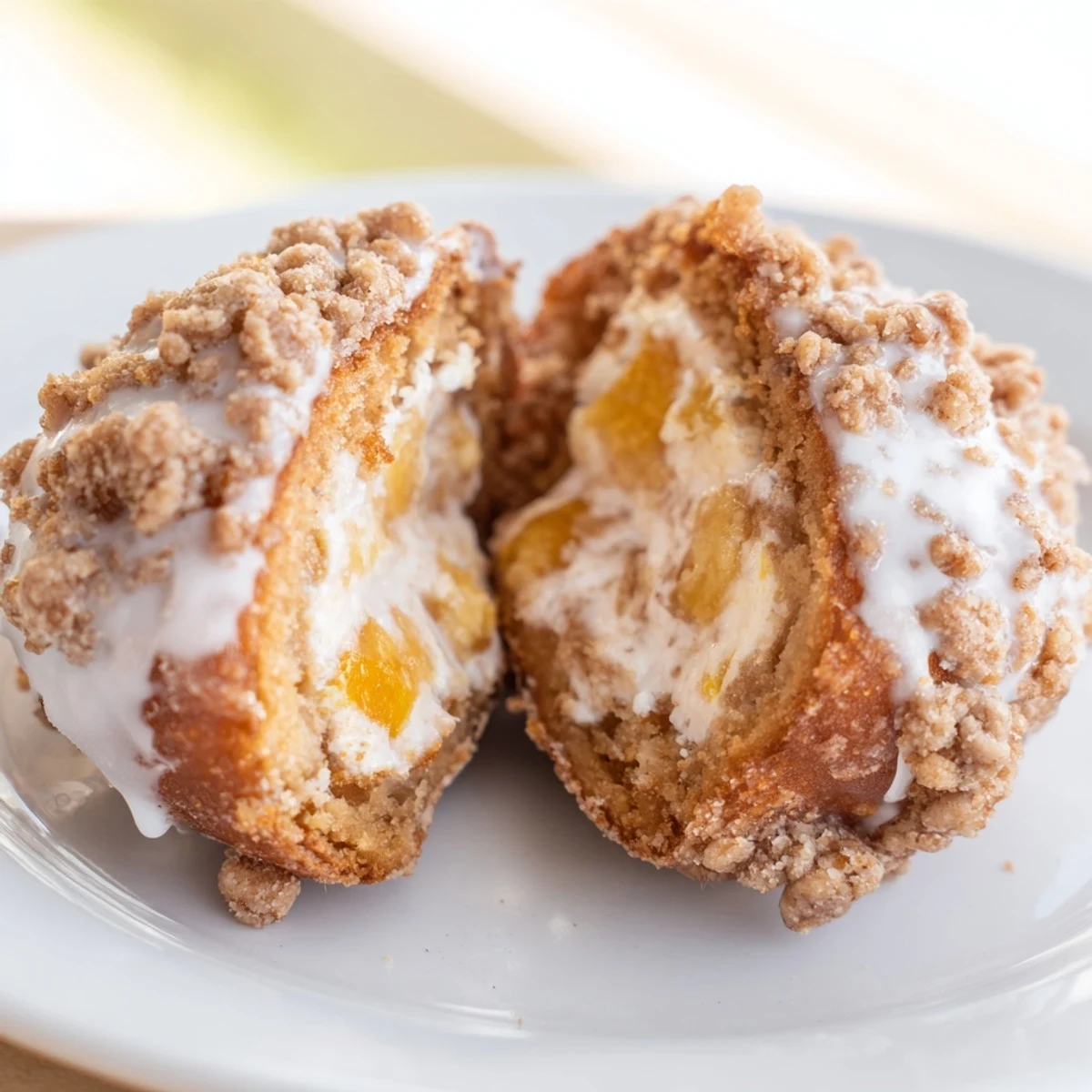 Sweet glazed donuts stuffed with cheesecake and peaches ready for a Southern dessert bite.