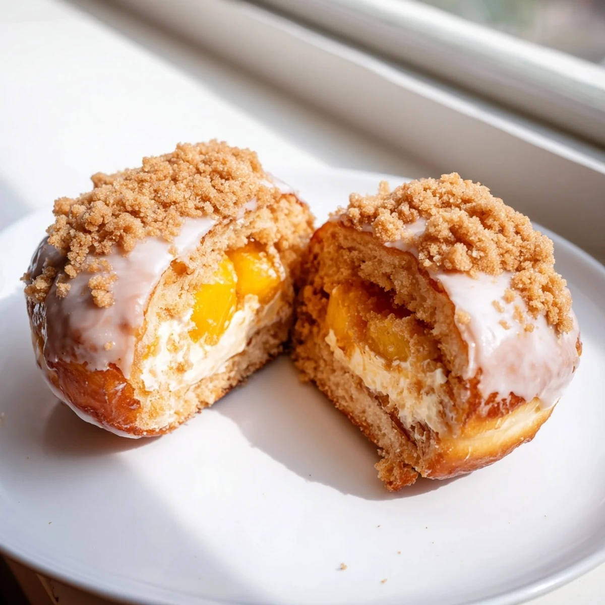Fried peach cobbler cheesecake donuts drizzled with icing and sprinkled with buttery streusel.