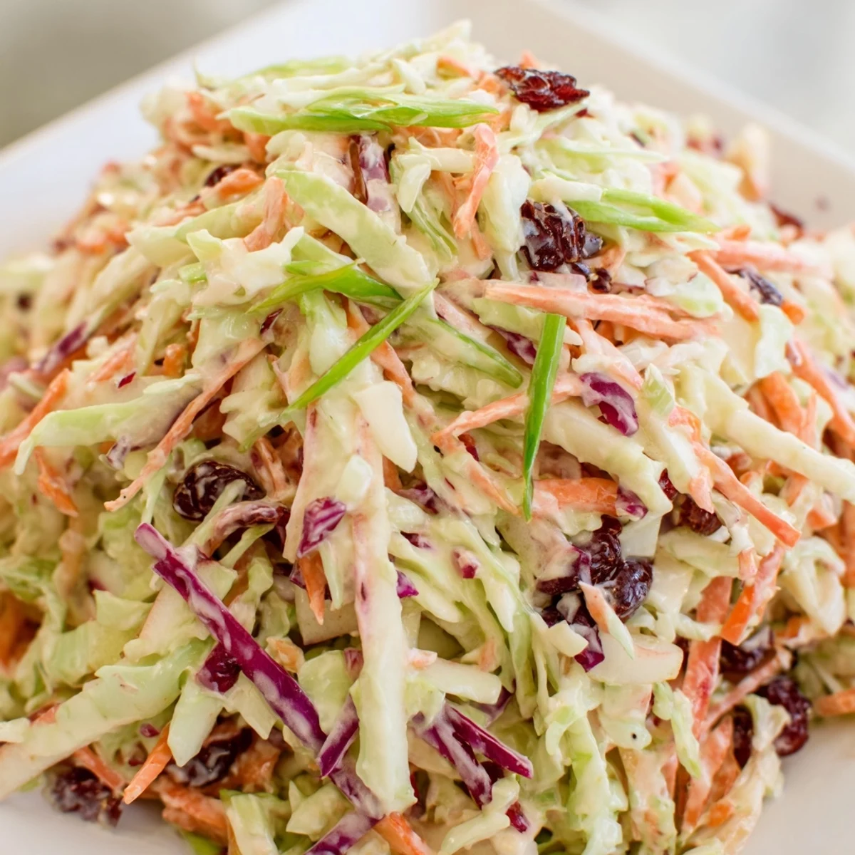 Fresh Cranberry Apple Coleslaw served in a white bowl with green onion garnish.  