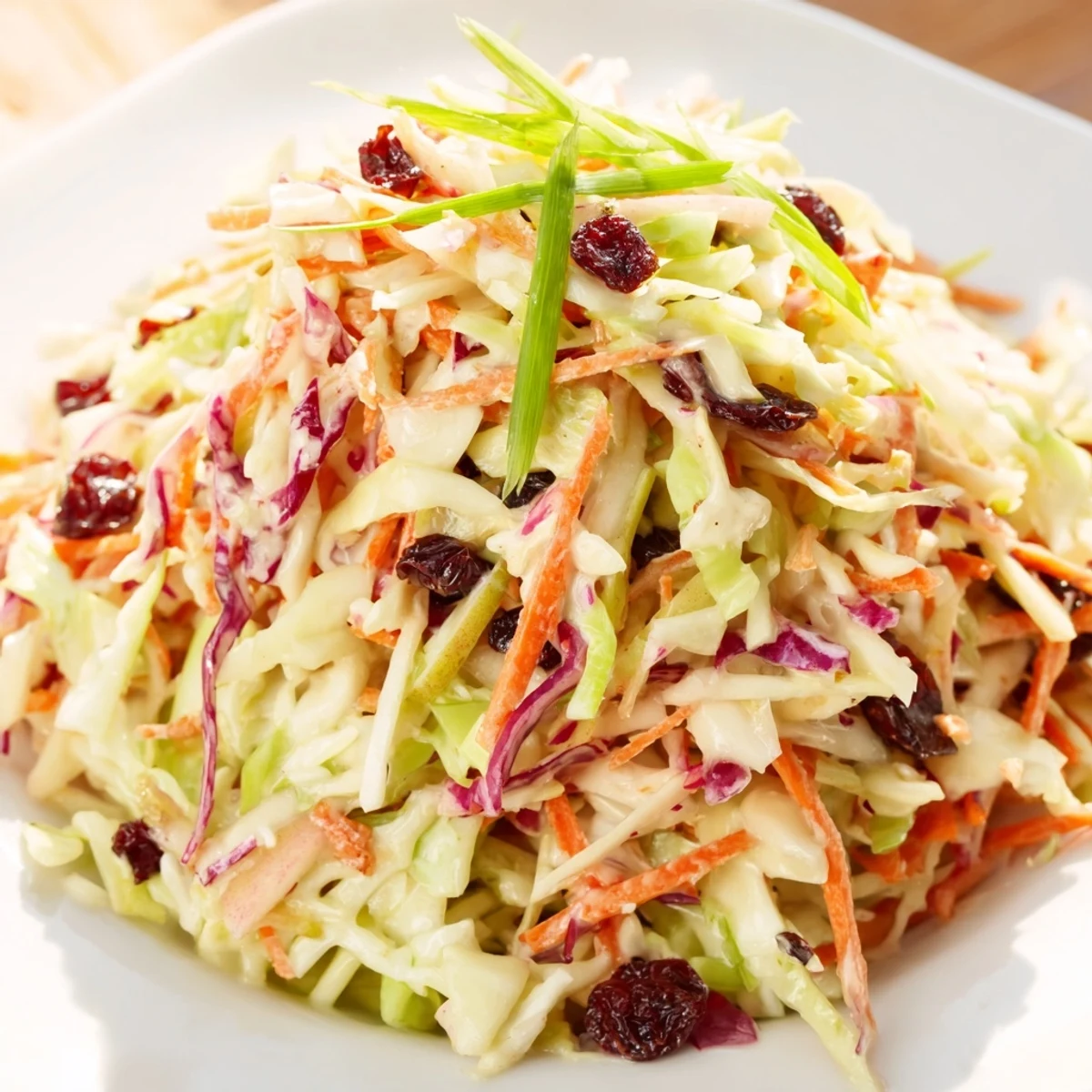 Crisp Cranberry Apple Coleslaw topped with walnuts on a rustic wooden table.