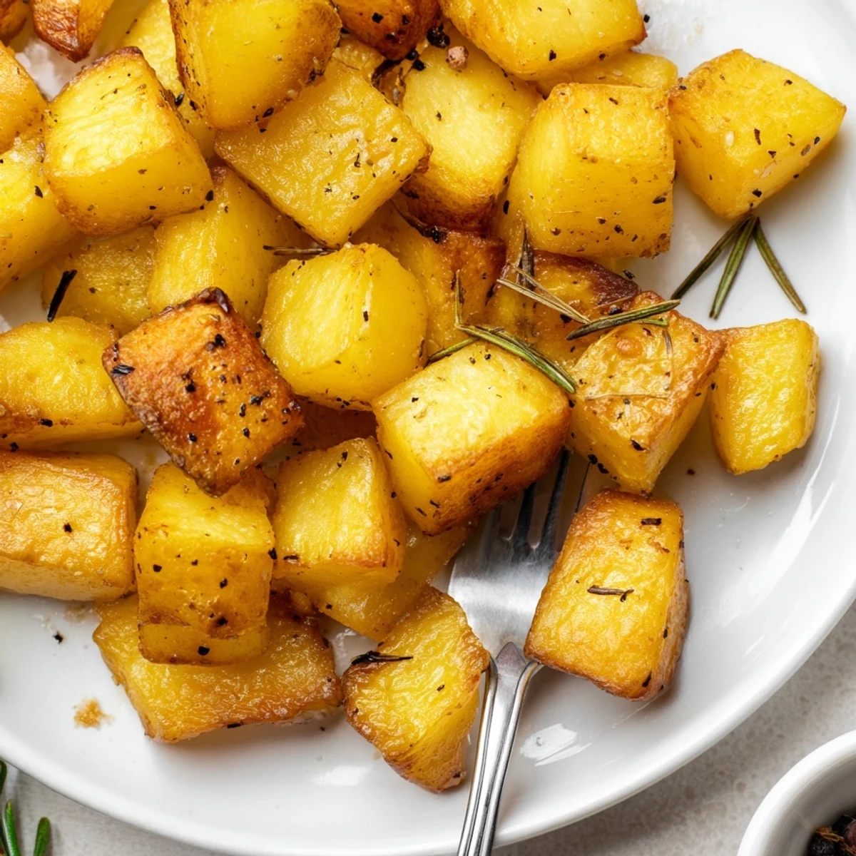 Golden roasted potatoes with crispy edges and fluffy centers seasoned with herbs  