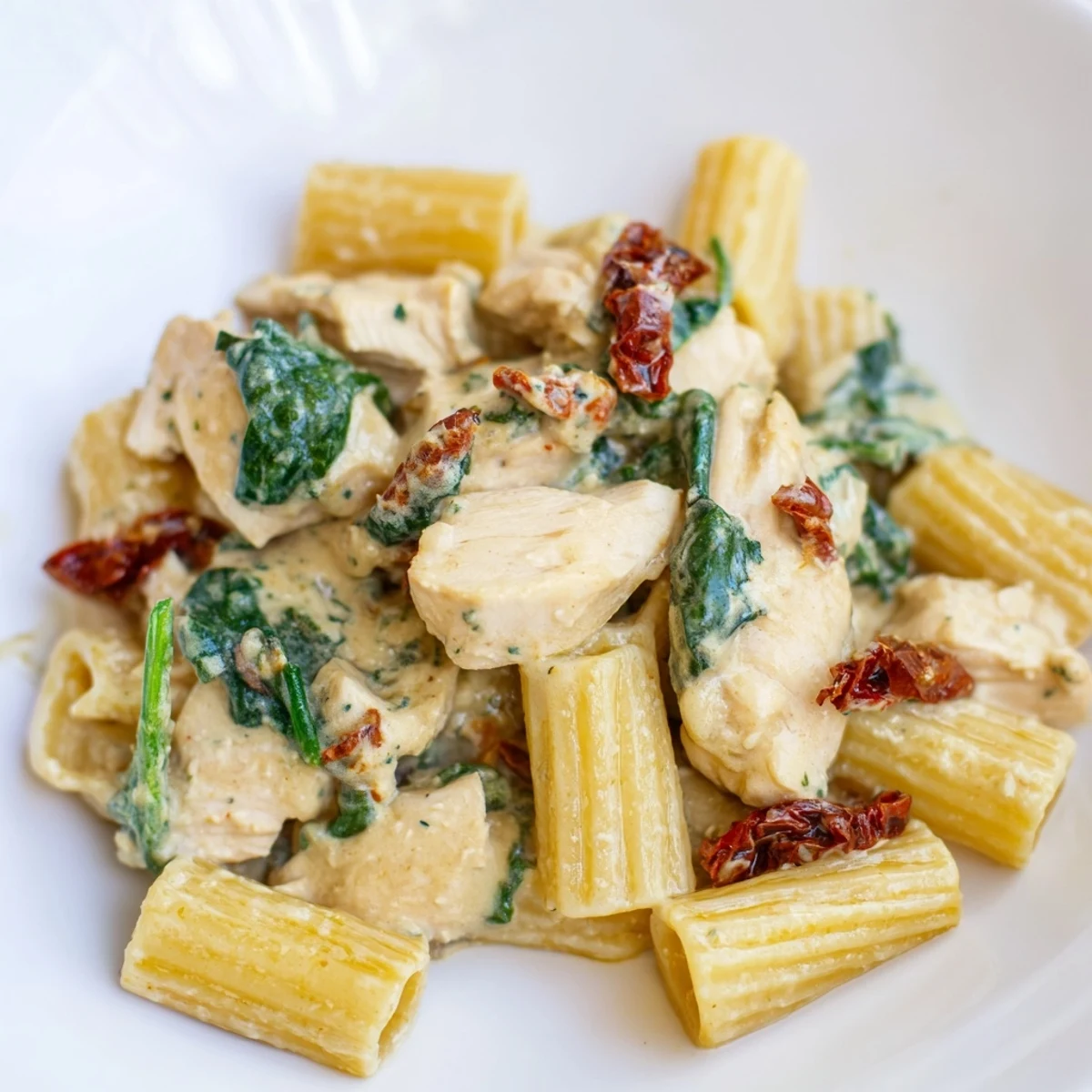 Golden brown chicken slices coated in a rich parmesan sauce with penne pasta.  