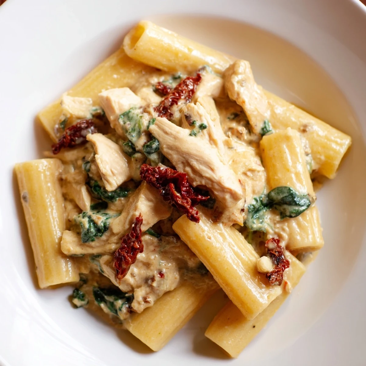 Creamy Tuscan chicken pasta with sun-dried tomatoes and wilted fresh spinach leaves.  