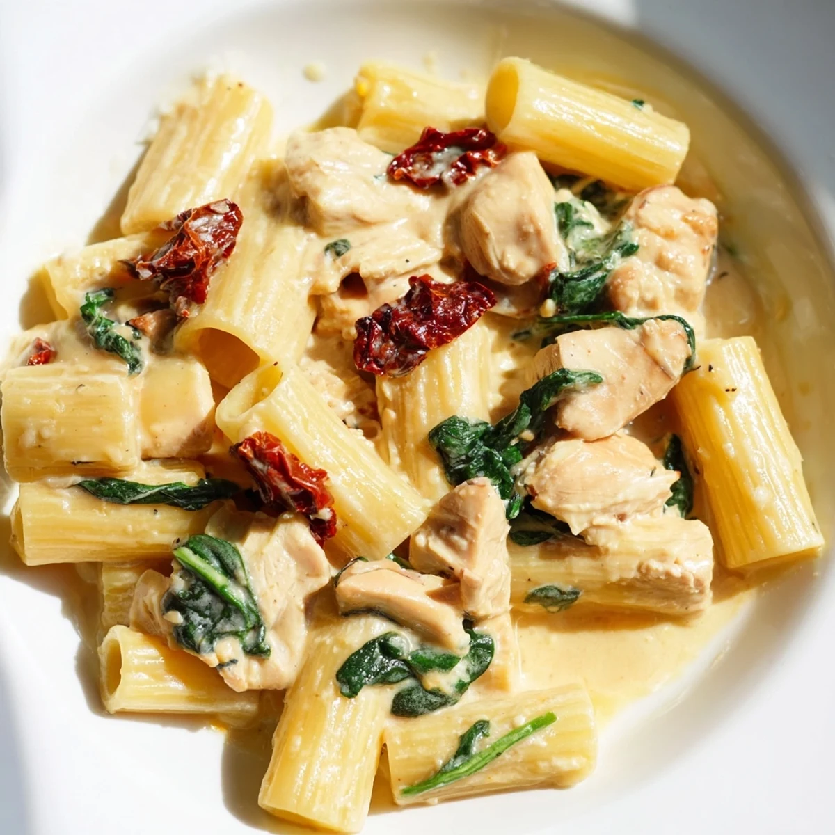 Savory one pan Tuscan chicken pasta recipe bubbling with heavy cream and garlic.
