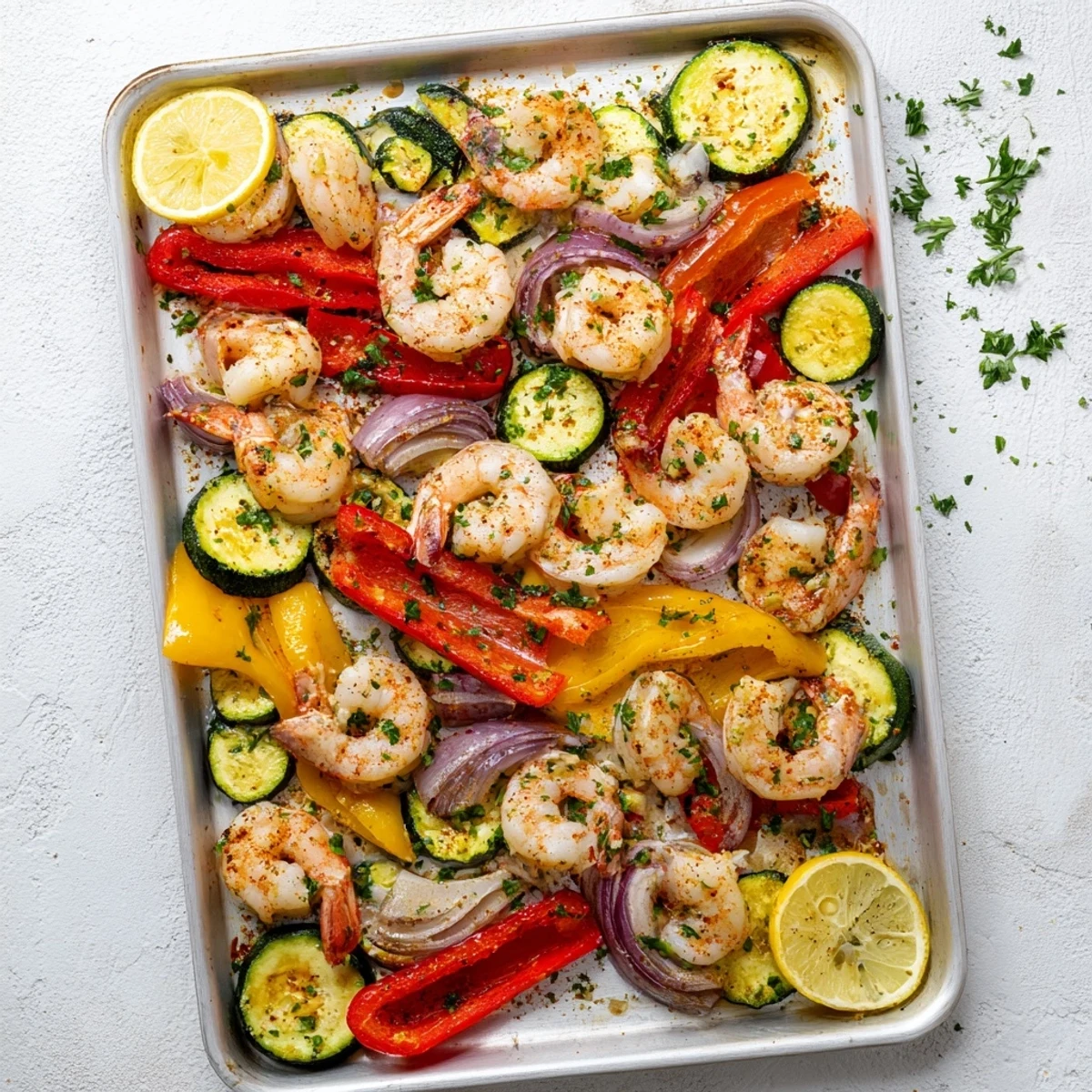 Garlic butter shrimp with bell peppers and zucchini ready to serve.  
