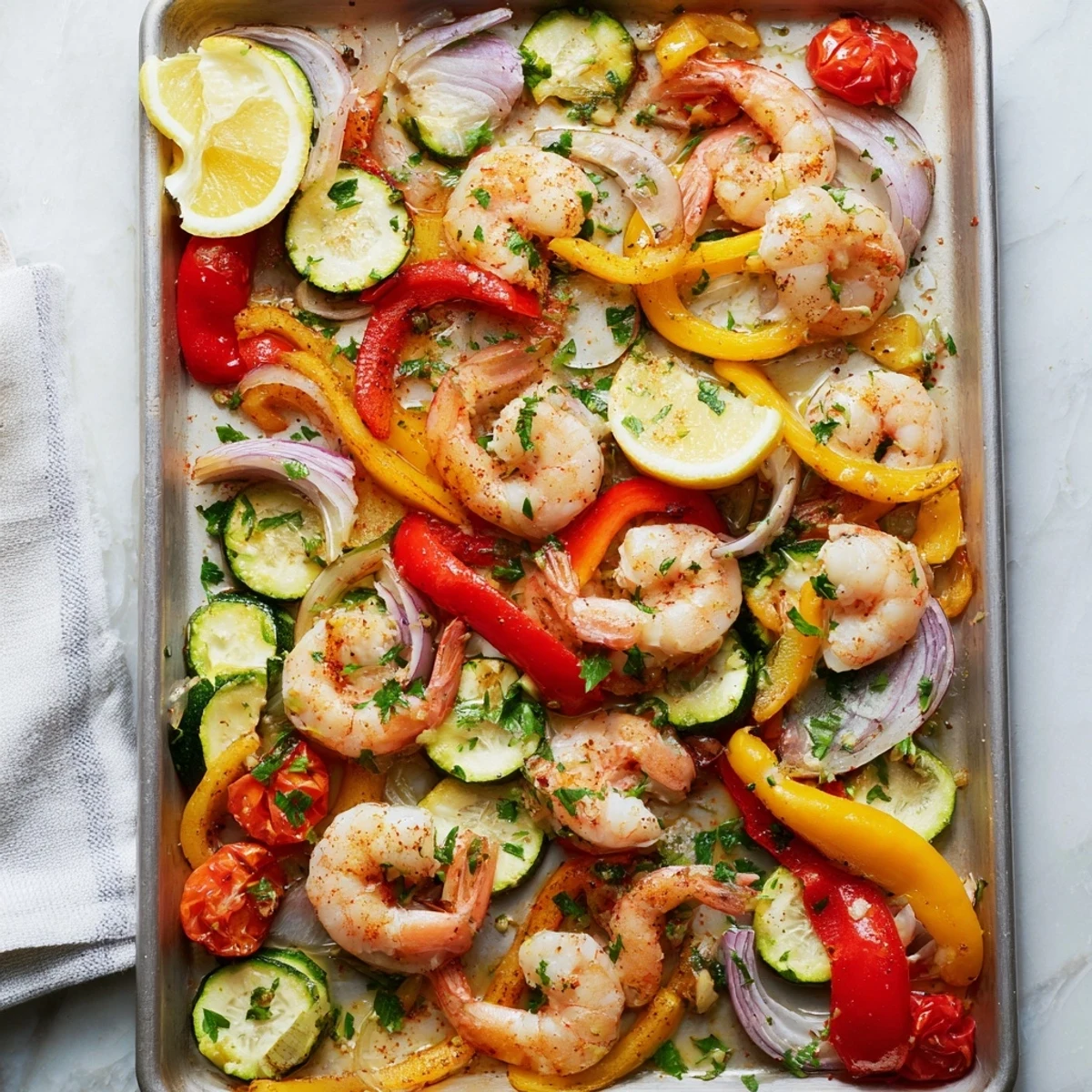 Golden roasted shrimp and colorful vegetables on a sheet pan.  