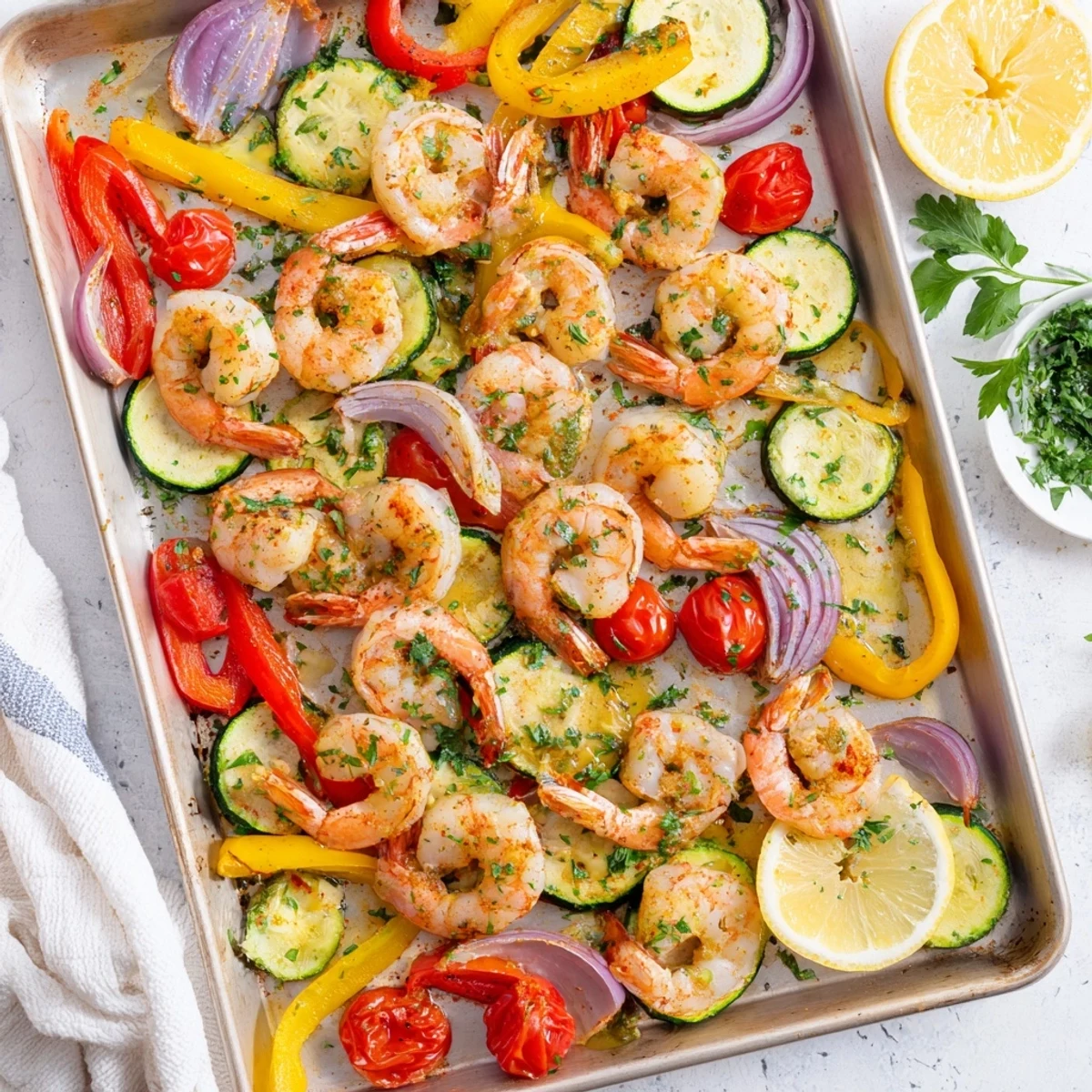 Succulent sheet pan garlic butter shrimp paired with fresh roasted veggies.