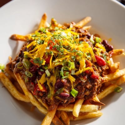 Game Day Chili Cheese Fries topped with melted cheddar and fresh jalapeños.