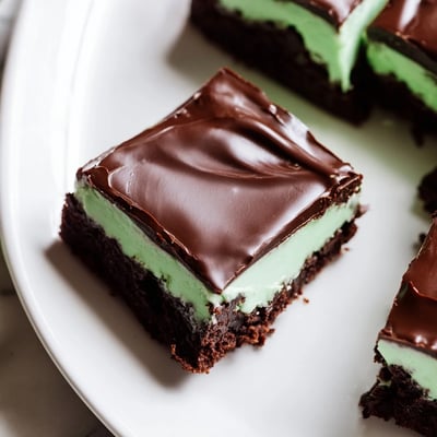 Square slices of Shamrock Mint Brownies with Chocolate Ganache served on a white plate.