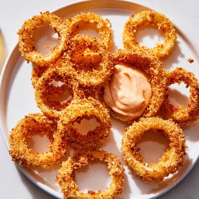 Perfectly crunchy onion rings, fresh from the air fryer, paired with spicy mayo.