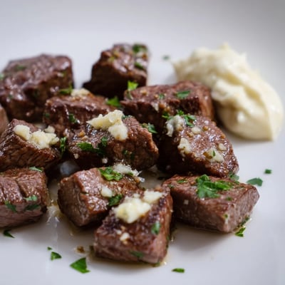 Golden seared Garlic Butter Steak Bites with Horseradish plated next to creamy sauce and roasted potatoes for a hearty dinner.
