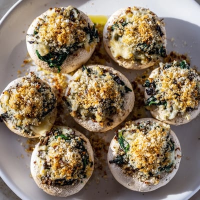 Freshly baked Vegetarian Stuffed Mushrooms with spinach filling served warm on a platter.