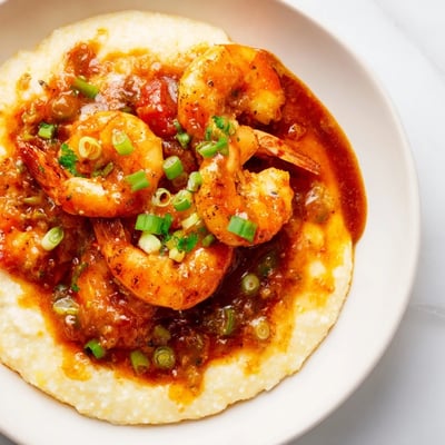 Southern Creole Shrimp and Grits with Tomato Gravy served for brunch with fresh parsley garnish.