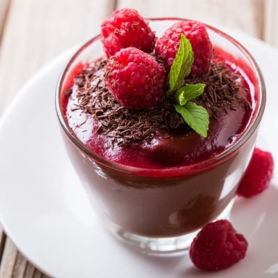 Rich chocolate mousse with raspberry coulis in a glass, garnished with chocolate shavings and mint.