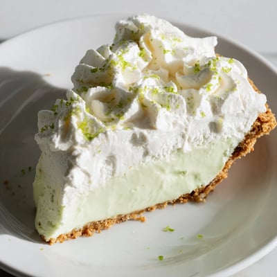 Fresh Key Lime Pie with Whipped Cream Topping served on a rustic wooden table, featuring a crisp graham cracker crust and vibrant green filling.