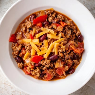 Steaming Spicy Beef Chili with Cheddar Cheese served in a rustic bowl, featuring ground beef, beans, and a dollop of sour cream.