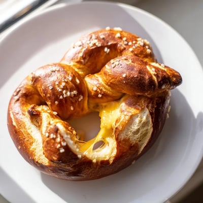 Golden brown mozzarella stuffed soft pretzels sprinkled with coarse salt on parchment