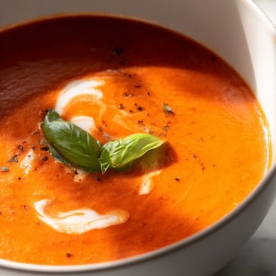 Smoky fire roasted tomato soup in a rustic pot with crusty bread alongside