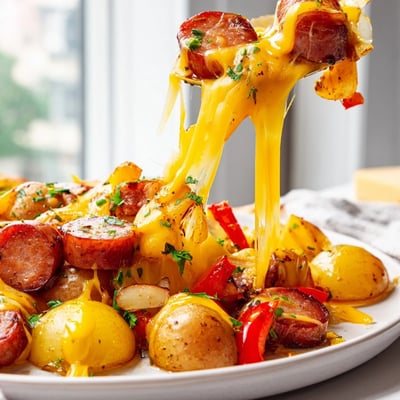 Smoky cheesy kielbasa skillet bubbling with gooey cheddar, crisp peppers, and fork-tender potatoes