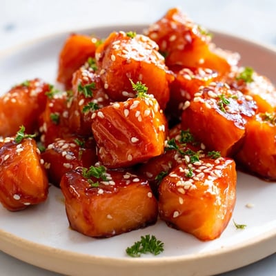 Golden salmon bites drizzled with sticky hot honey sauce and sprinkled with fresh parsley