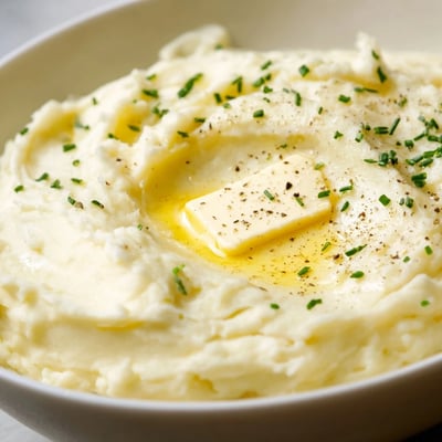 Smooth velvety mashed potatoes with a pat of golden butter and fresh chives