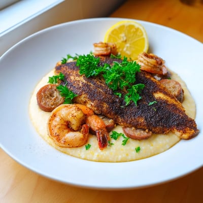 Golden cheesy grits layered with spicy blackened catfish, juicy shrimp, and savory andouille sausage.  