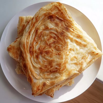 Crisp, buttery Roti Canai bread torn apart to show delicate layers.  