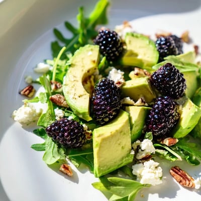 Vibrant bowl of blackberry avocado salad featuring arugula, feta, and toasted pecans  